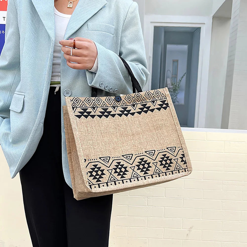 Vintage Burlap Beach Bag Linen Tote Shoulder Bag