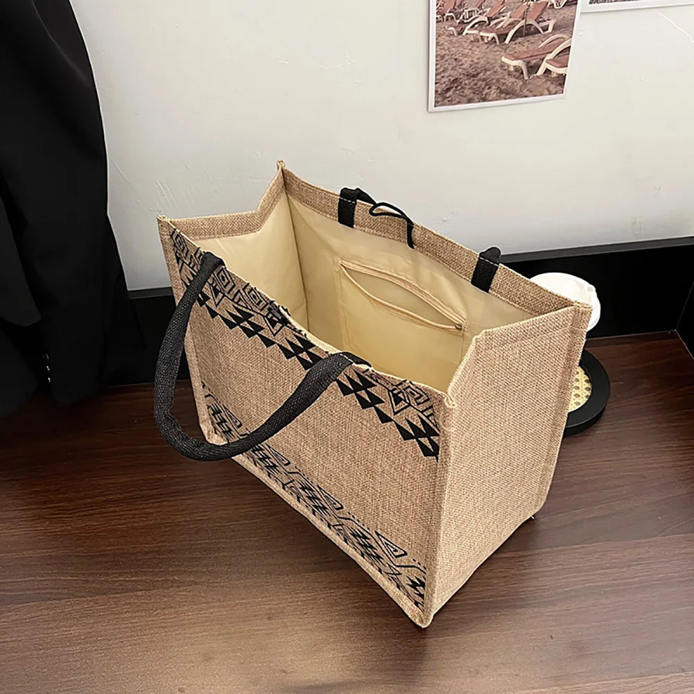 Vintage Burlap Beach Bag Linen Tote Shoulder Bag
