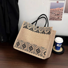 Vintage Burlap Beach Bag Linen Tote Shoulder Bag