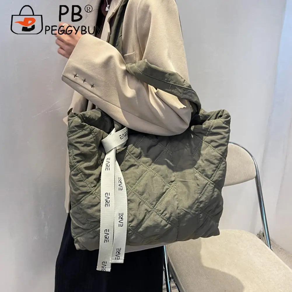 Vintage Checkered Pattern Tote Bag with Ribbon Casual Nylon Handbags