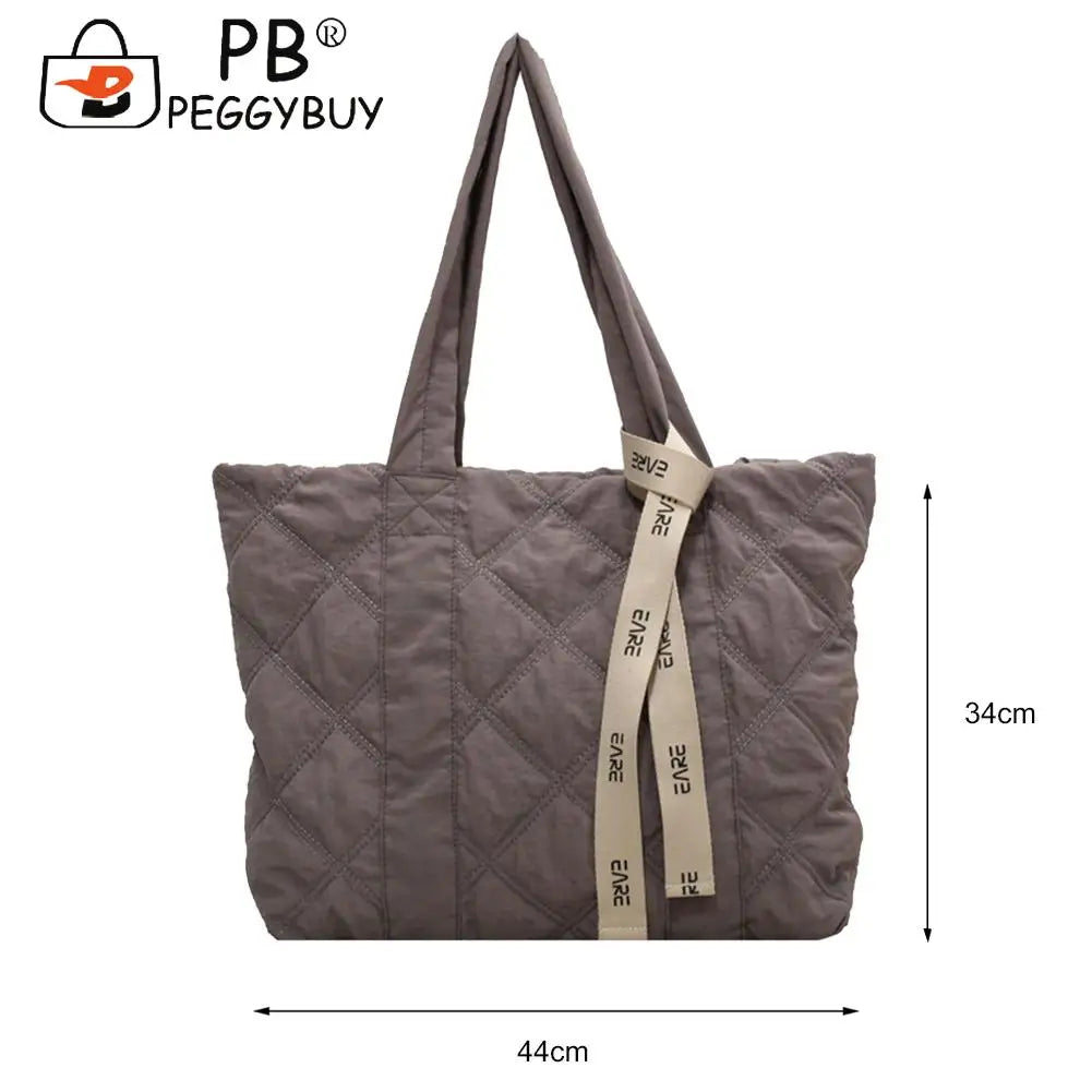 Vintage Checkered Pattern Tote Bag with Ribbon Casual Nylon Handbags