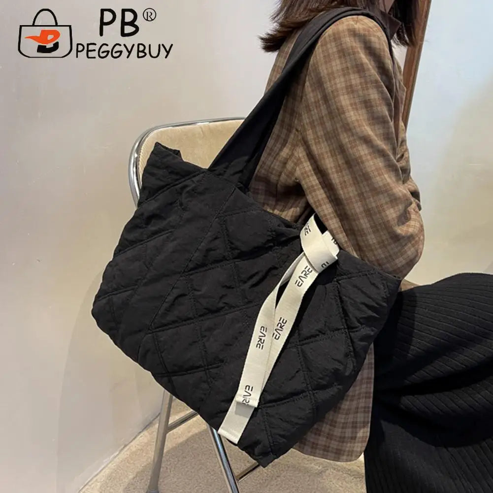 Vintage Checkered Pattern Tote Bag with Ribbon Casual Nylon Handbags