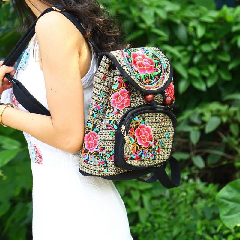 Vintage Embroidery Backpack Female Shoulder Bag Chinese National Canvas Backpack