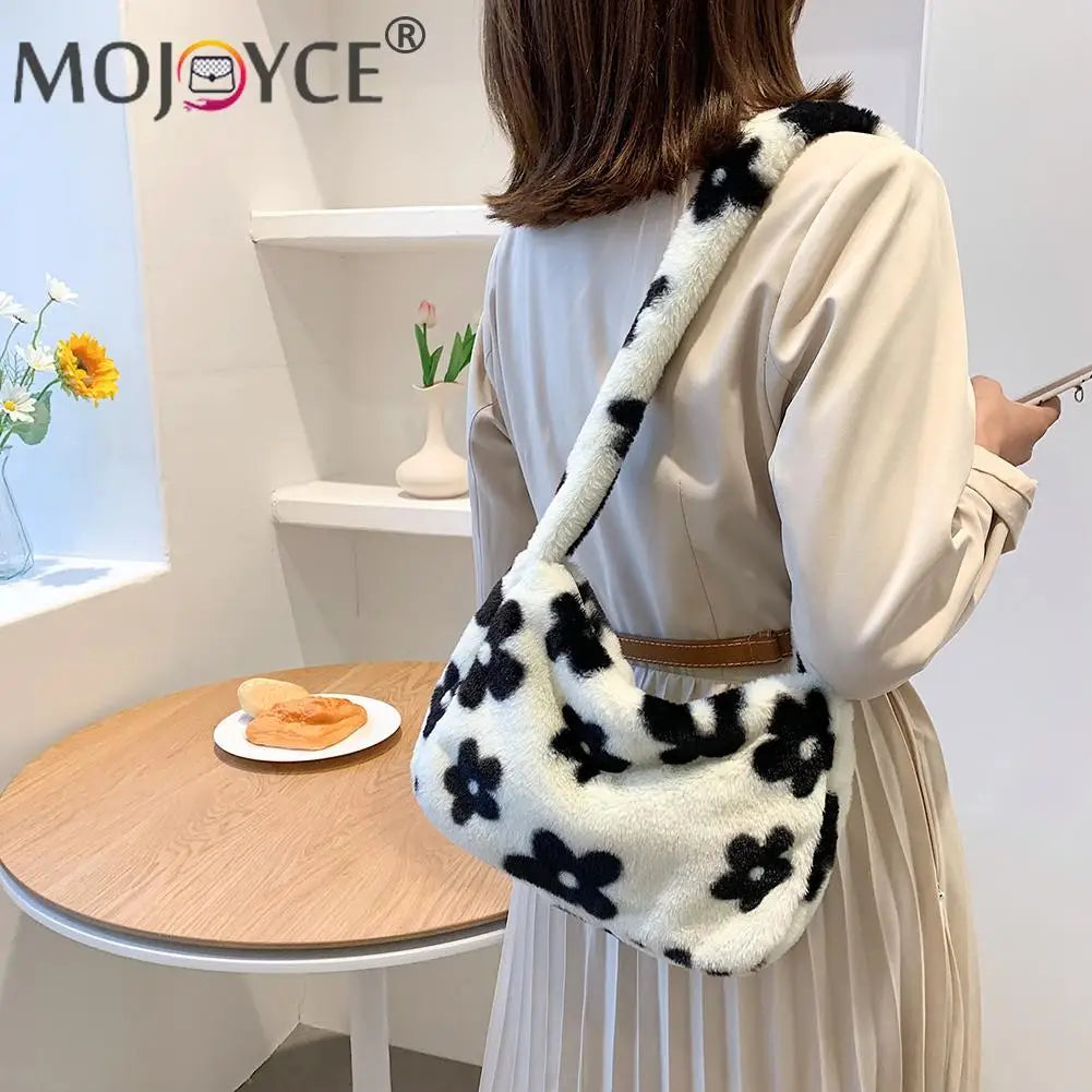 Vintage Flower Printing Crossbody Bag Plush Autumn Winter Soft