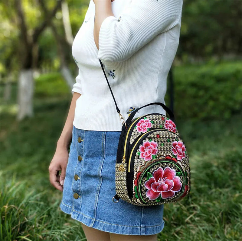 Vintage Mini Backpack Embroidered Flower Zipper Travel Shoulder Bag