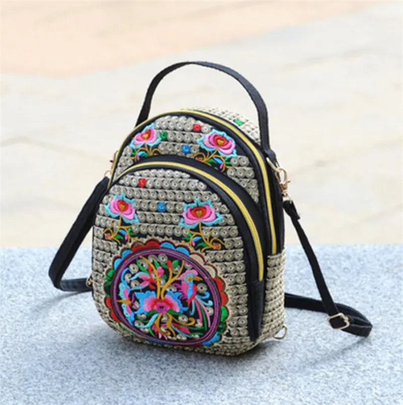 Vintage Mini Backpack Embroidered Flower Zipper Travel Shoulder Bag