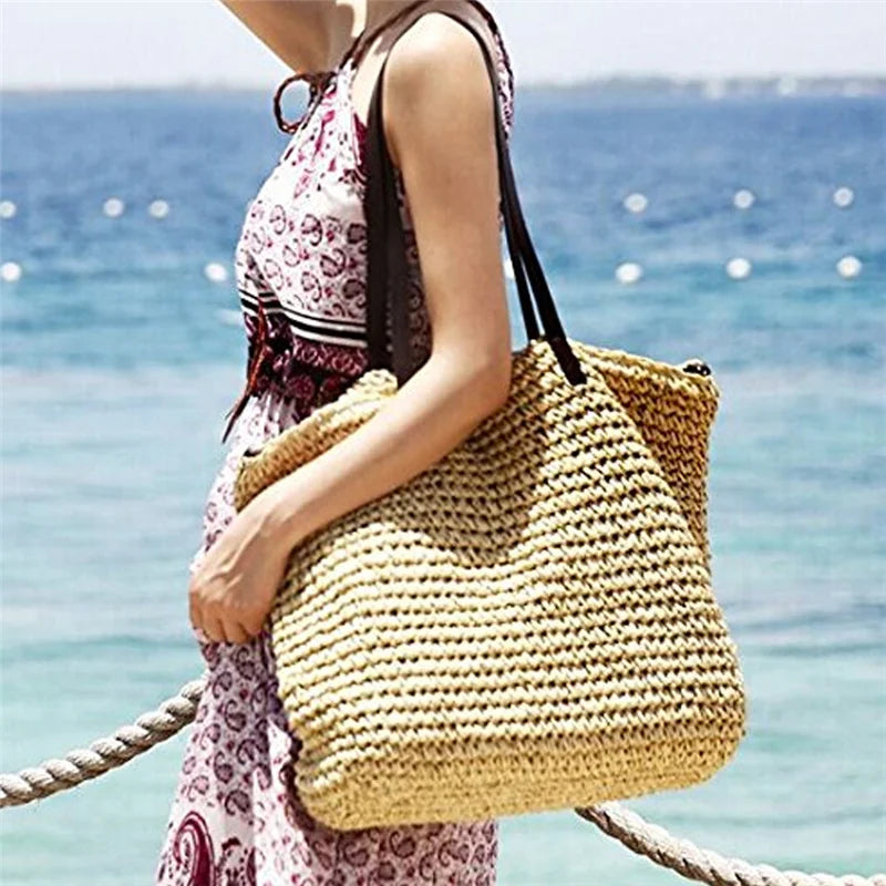 Vintage Rattan Shoulder Bag, Bohemia Tote for Beach Holiday