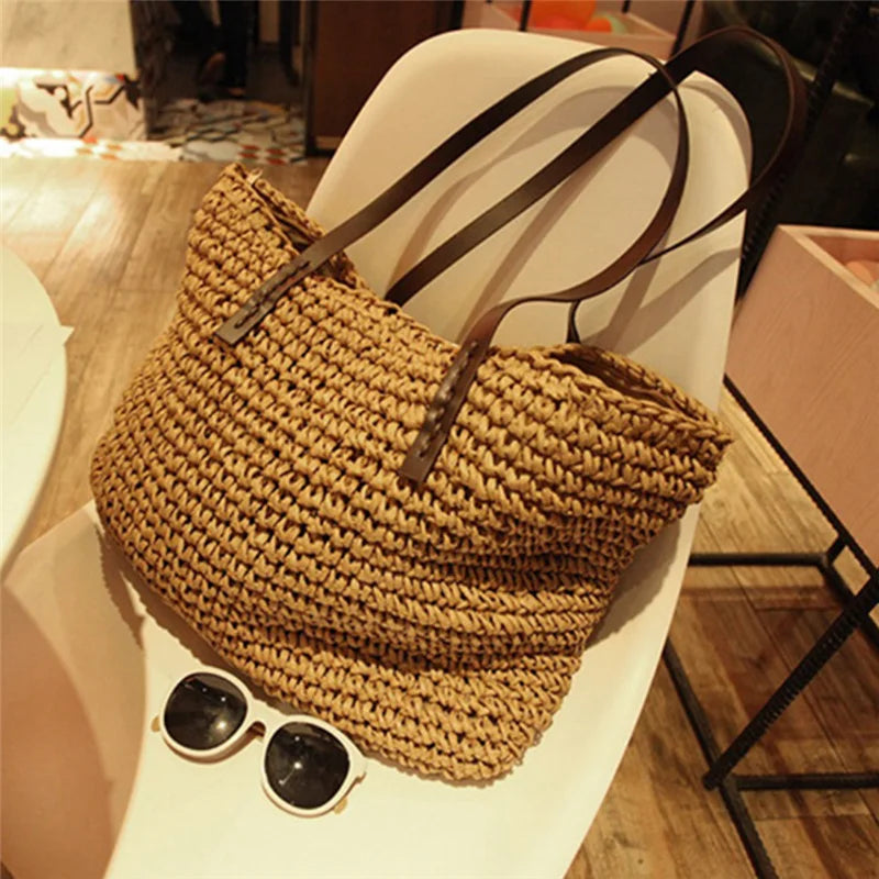 Vintage Rattan Shoulder Bag, Bohemia Tote for Beach Holiday