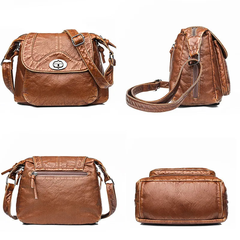 Women Vintage Shoulder Bag Soft Leather Handbags Washed Purses Crossbody Bags