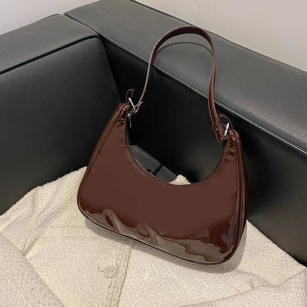 Vintage Solid Crescent Handbags PU Leather Small Zipper Armpit Bags