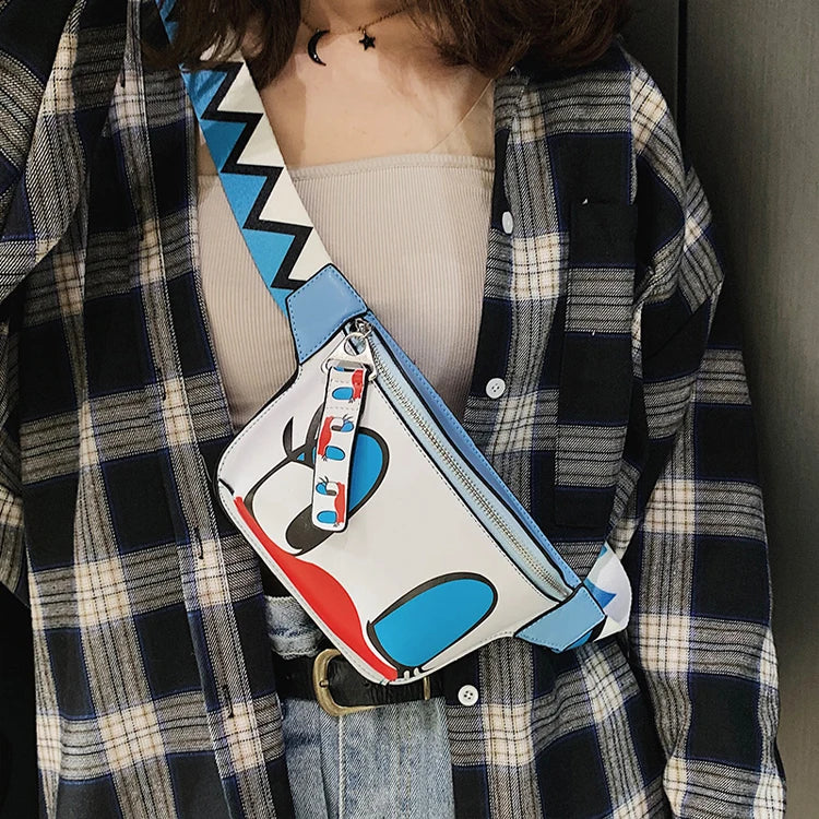 Leather Cartoon Print Waist Bag Women Fanny Pack Mini Chest Handbag
