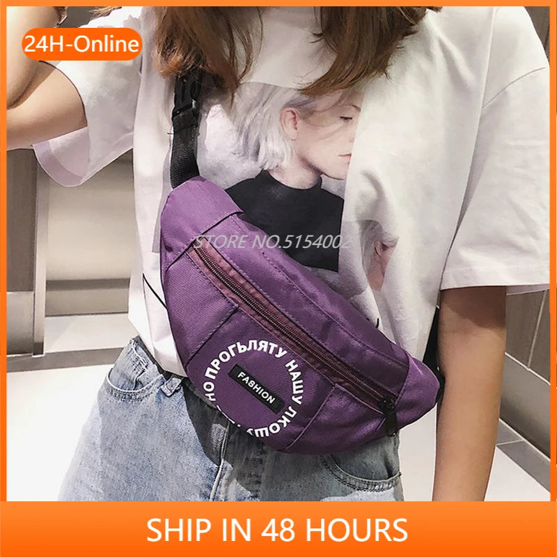 Women Waist Bag Letter Nylon Waterproof Shoulder Banana Bag