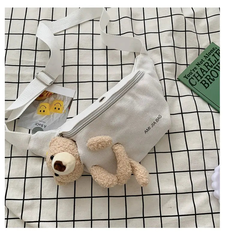 Canvas Waist Bag Crossbody Teddy Bear for Camping Hiking