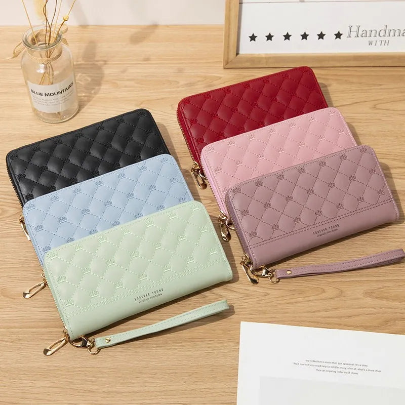 Women Wallet Long Crown Double Zipper Embroidery Thread Ladies Hand Wallet
