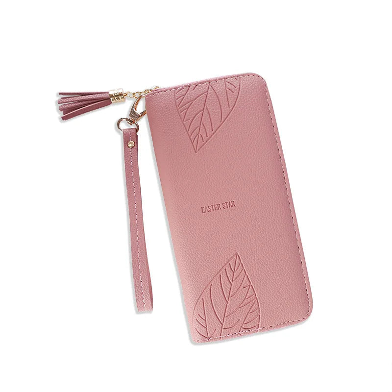 Leaf Print Long Wallet PU Female Purses Zipper Leather Bag