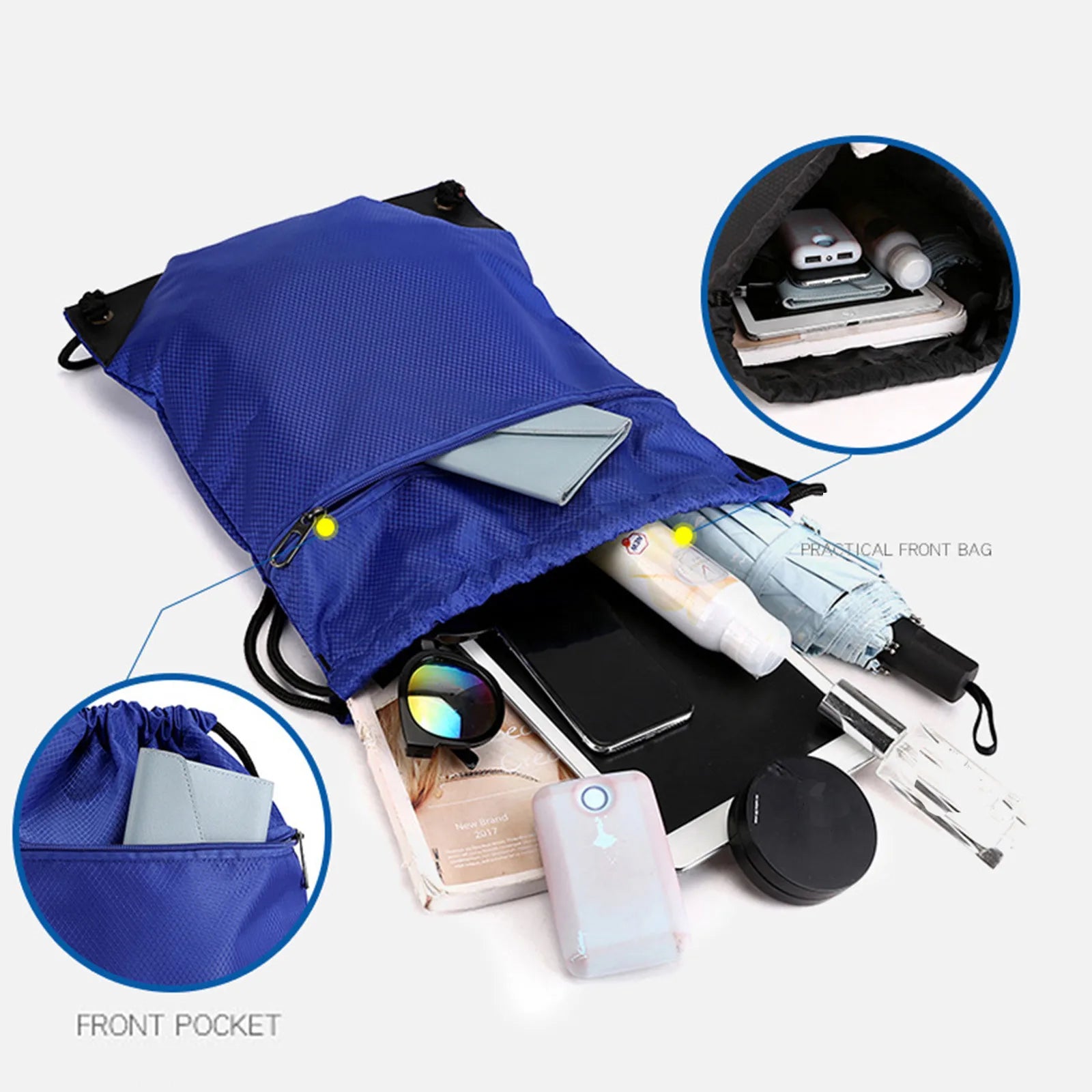 Women Waterproof Drawstring Backpack with Front Zipper Pocket