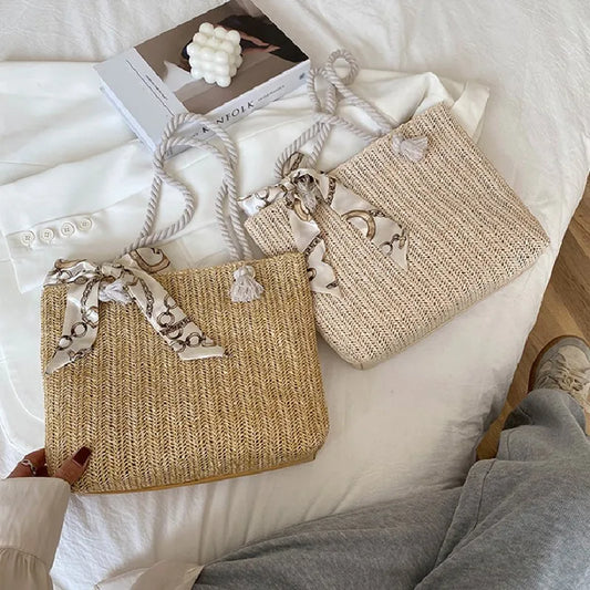 Women Straw Shoulder Bag Large Capacity Stylish Tote Handbag