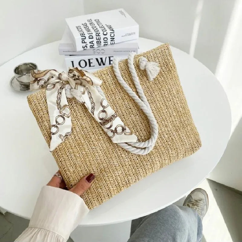 Women Straw Shoulder Bag Large Capacity Stylish Tote Handbag