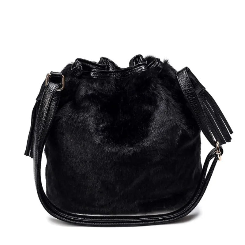 Furry Faux Fur Bucket Drawstring Shoulder Bag with Pom Pom