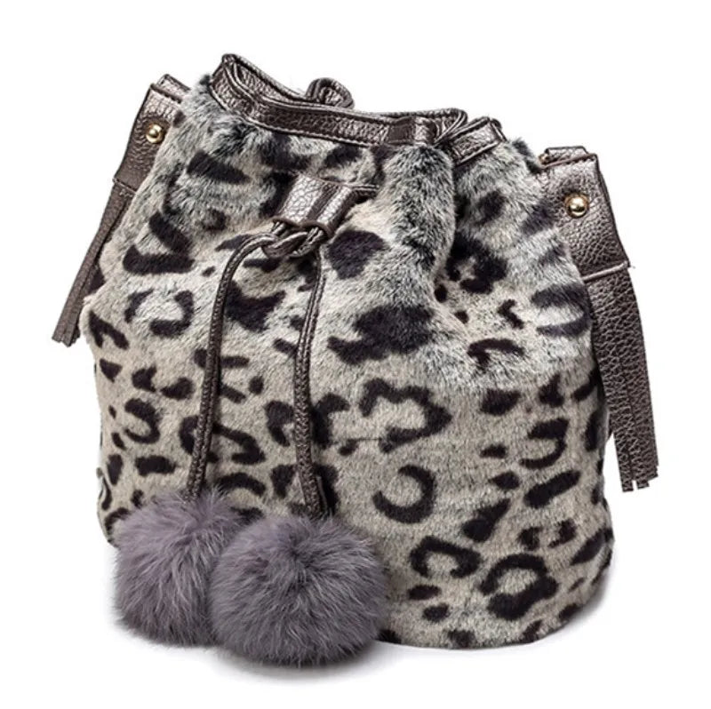 Furry Faux Fur Bucket Drawstring Shoulder Bag with Pom Pom