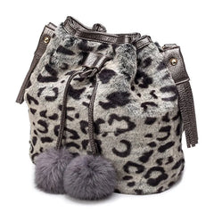 Furry Faux Fur Bucket Drawstring Shoulder Bag with Pom Pom