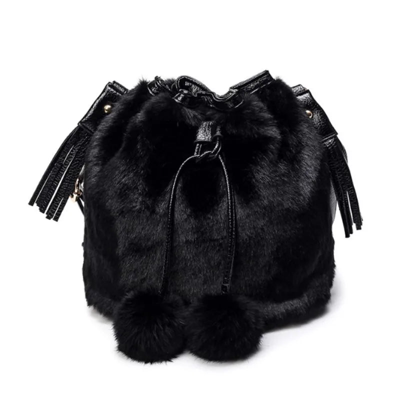 Furry Faux Fur Bucket Drawstring Shoulder Bag with Pom Pom