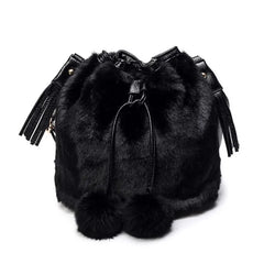 Furry Faux Fur Bucket Drawstring Shoulder Bag with Pom Pom