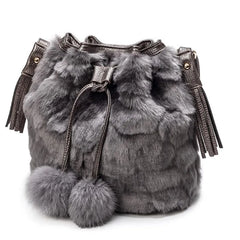 Furry Faux Fur Bucket Drawstring Shoulder Bag with Pom Pom