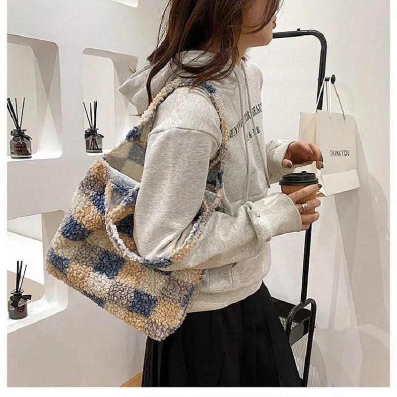 Winter Checkered Plush Shoulder Bag Lamb Wool Fleece Tote Purse