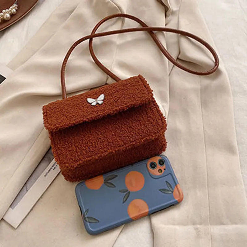 Winter Lambswool Shoulder Bag Butterfly Appliques Cross Body Handbag