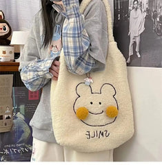 Winter Plush Shoulder Bag Cartoon Embroidery Handbag Large Capacity Shopping Bag