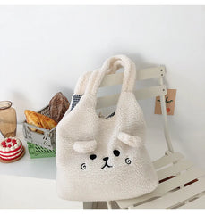 Winter Plush Shoulder Bag Cartoon Embroidery Handbag Large Capacity Shopping Bag