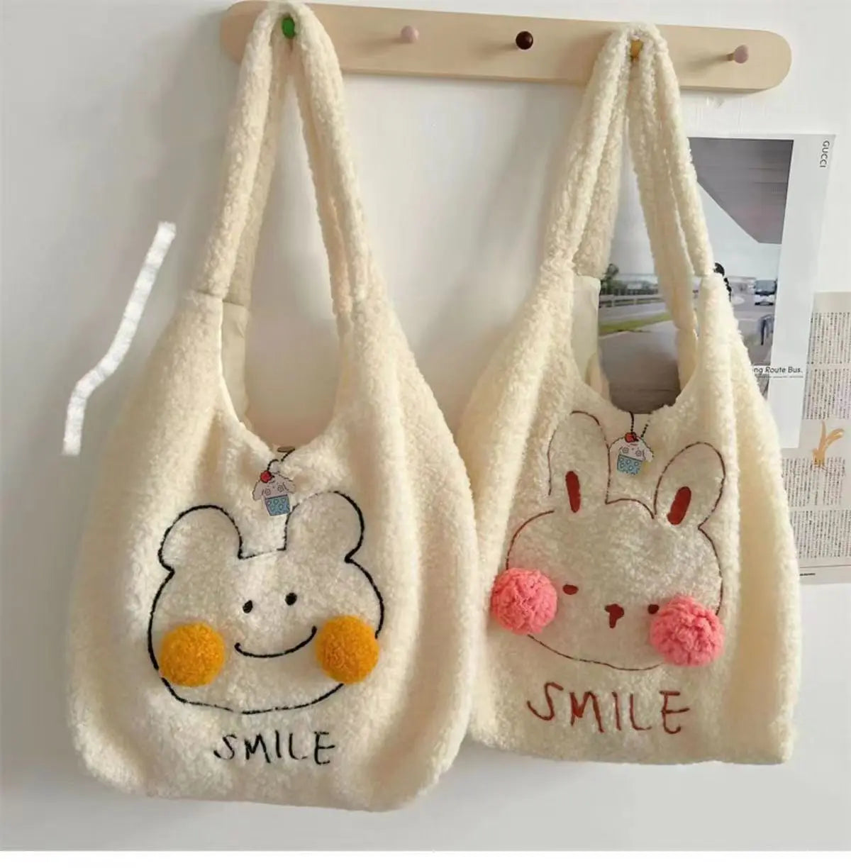 Winter Plush Shoulder Bag Cartoon Embroidery Handbag Large Capacity Shopping Bag