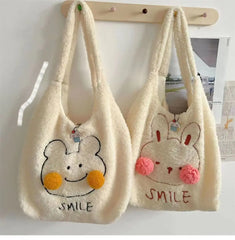 Winter Plush Shoulder Bag Cartoon Embroidery Handbag Large Capacity Shopping Bag