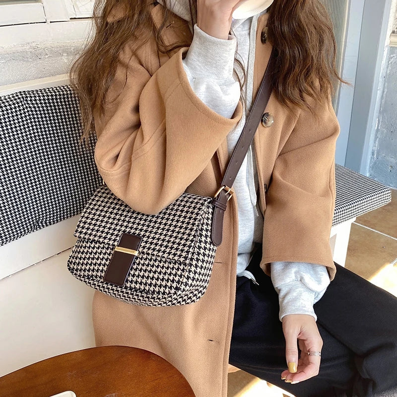 Women Plaid Woolen Crossbody Bag Vintage Canvas Handbag
