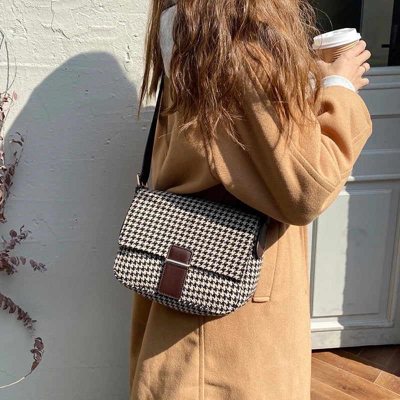 Women Plaid Woolen Crossbody Bag Vintage Canvas Handbag