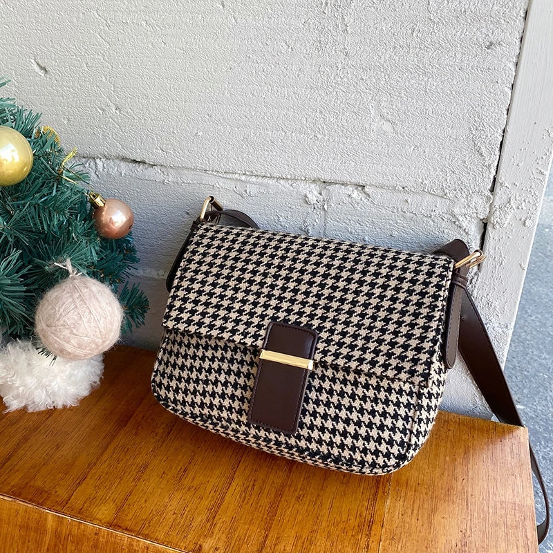 Women Plaid Woolen Crossbody Bag Vintage Canvas Handbag