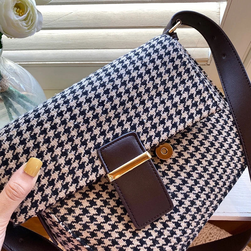 Women Plaid Woolen Crossbody Bag Vintage Canvas Handbag