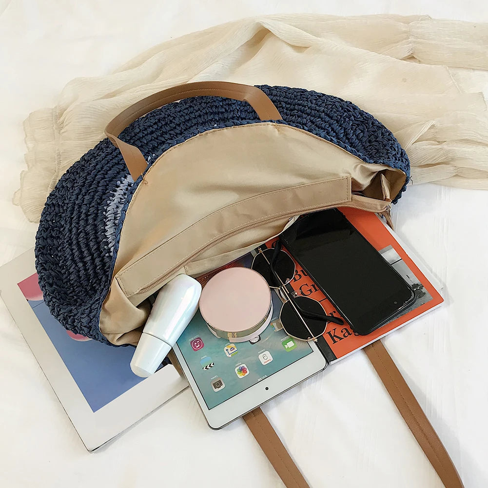 Women Woven Bag Round Beach Shoulder Bag Straw Crossbody Handbag Tote Bag