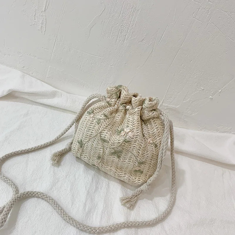 Women Woven Bags Lace Drawstring Bucket Bag Shoulder Straw Woven Bag All-match
