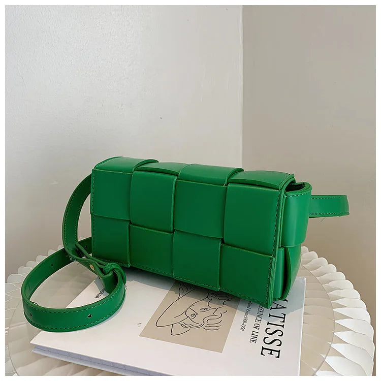 Women Woven Shoulder Bag PU Leather Solid Fanny Pack Messenger Bag