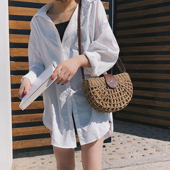 Woven Straw Crossbody Bag Rattan Semicircle Clutch Handbag