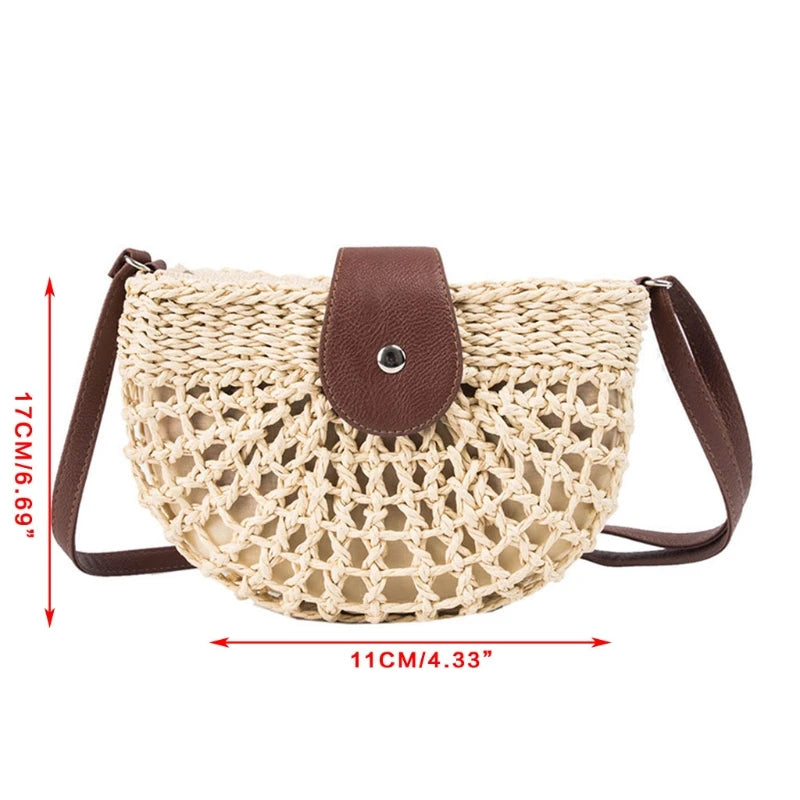 Woven Straw Crossbody Bag Rattan Semicircle Clutch Handbag