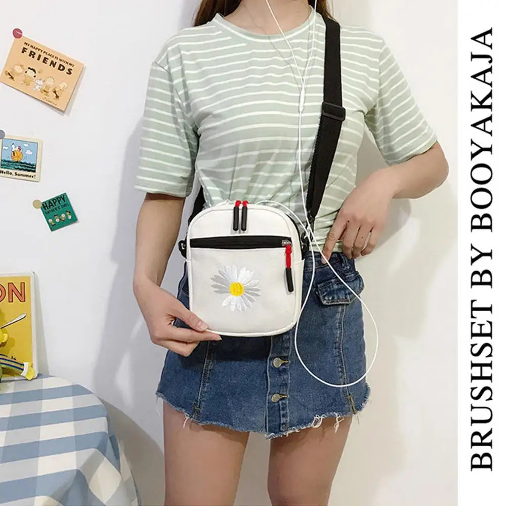 Women Zipper Daisy Canvas Crossbody Messenger Bag