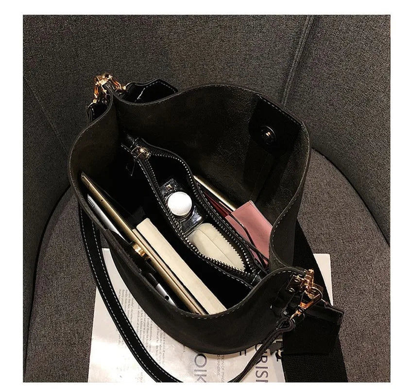Matte PU Leather Bucket Shoulder Bag Large Capacity Retro Handbag