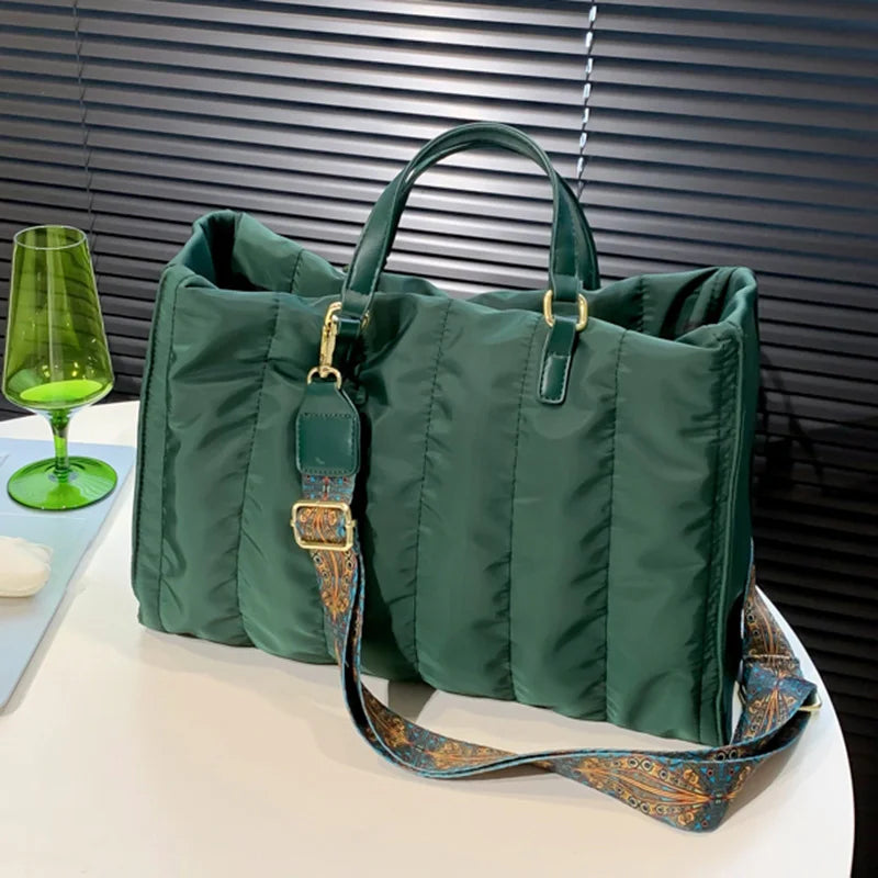 Women Green Large Shoulder Bag Padded Nylon Cotton Shoulder Bags Lady