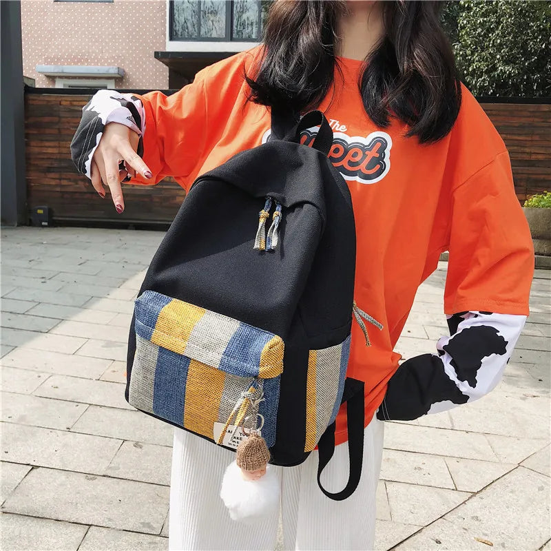 Striped Canvas Backpack for Girls School Student Travel Lady Bagpack