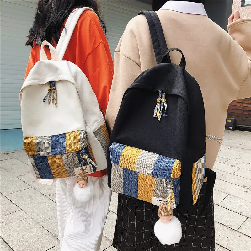 Striped Canvas Backpack for Girls School Student Travel Lady Bagpack