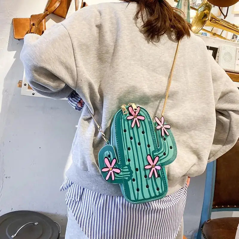 Floral Chain Shoulder Bag Green Cactus Shape Crossbody