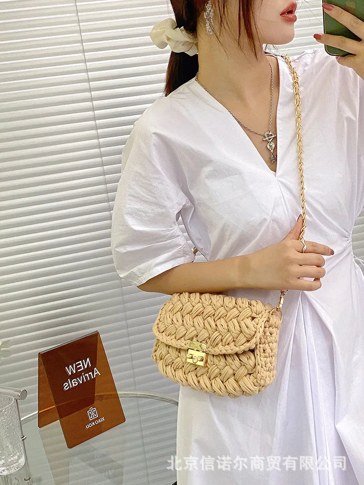Crochet Woven Chain Lock Crossbody Shoulder Bag